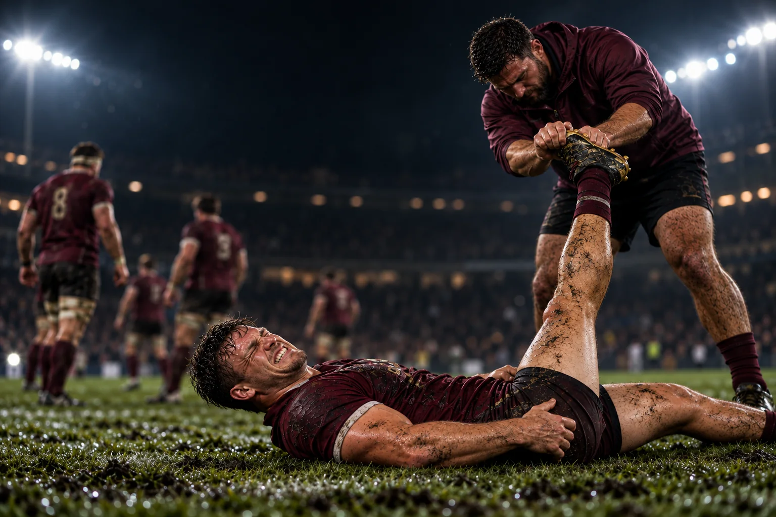 Jugador de rugby tirado en la cancha con un calambre mientras un compañero le estira la pierna