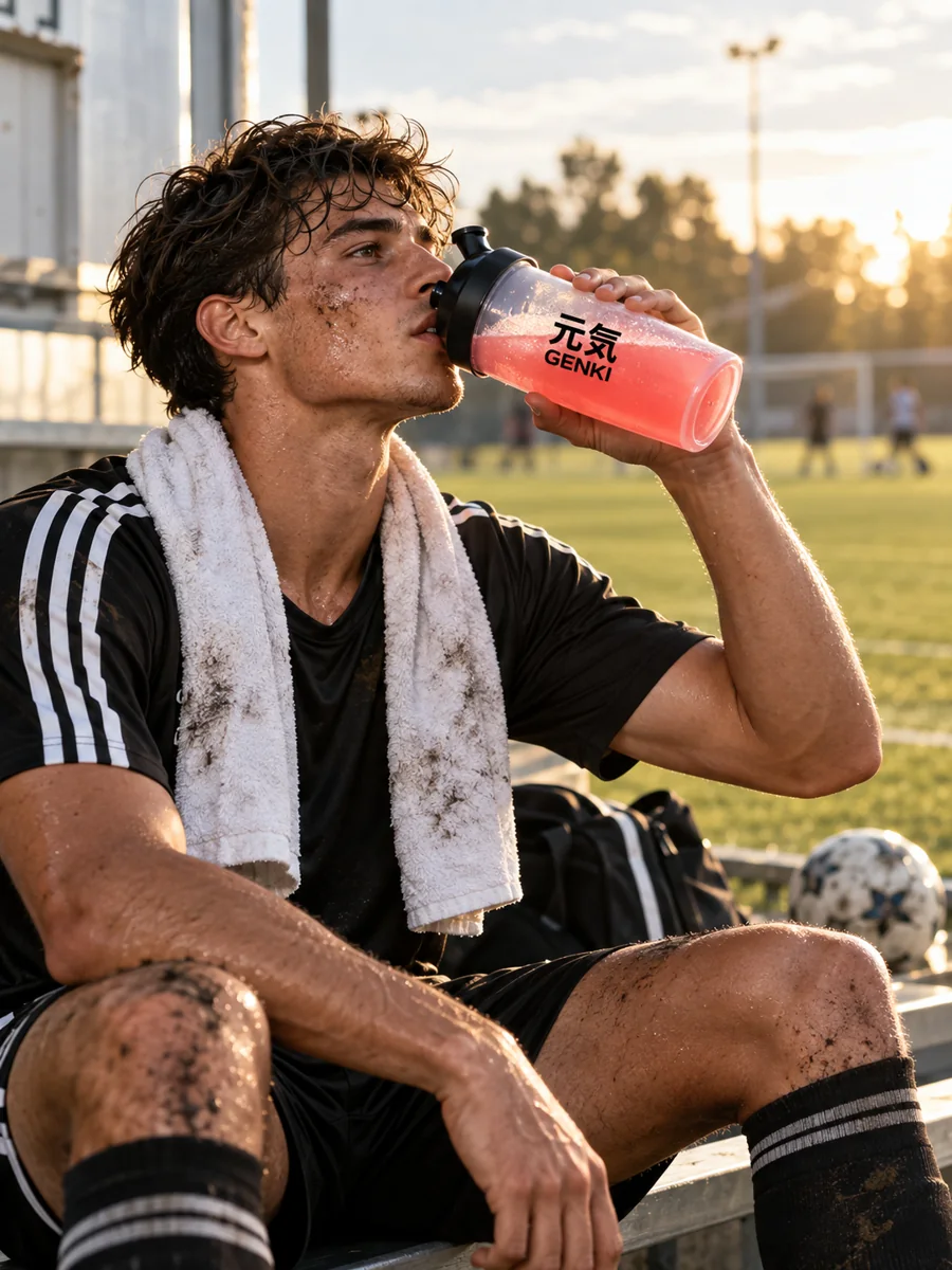 Jugador de fútbol tomando Genki en el banco al costado de la cancha